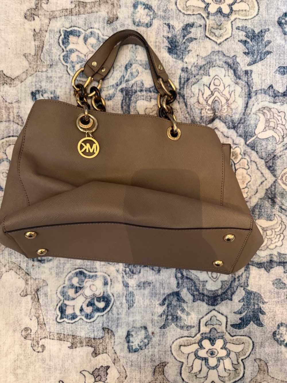 Michael Kors Saffiano Leather Tote in Taupe with Gold Logo Charm